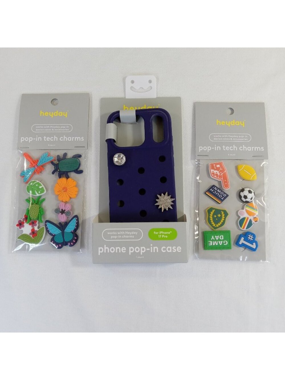 heyday iPhone 17 Pro Pop-In Case Navy Blue with 18 Tech Charms Bundle Nature